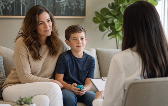 Mother and son talking with a pediatrician during an ADHD evaluation visit in Newport Beach