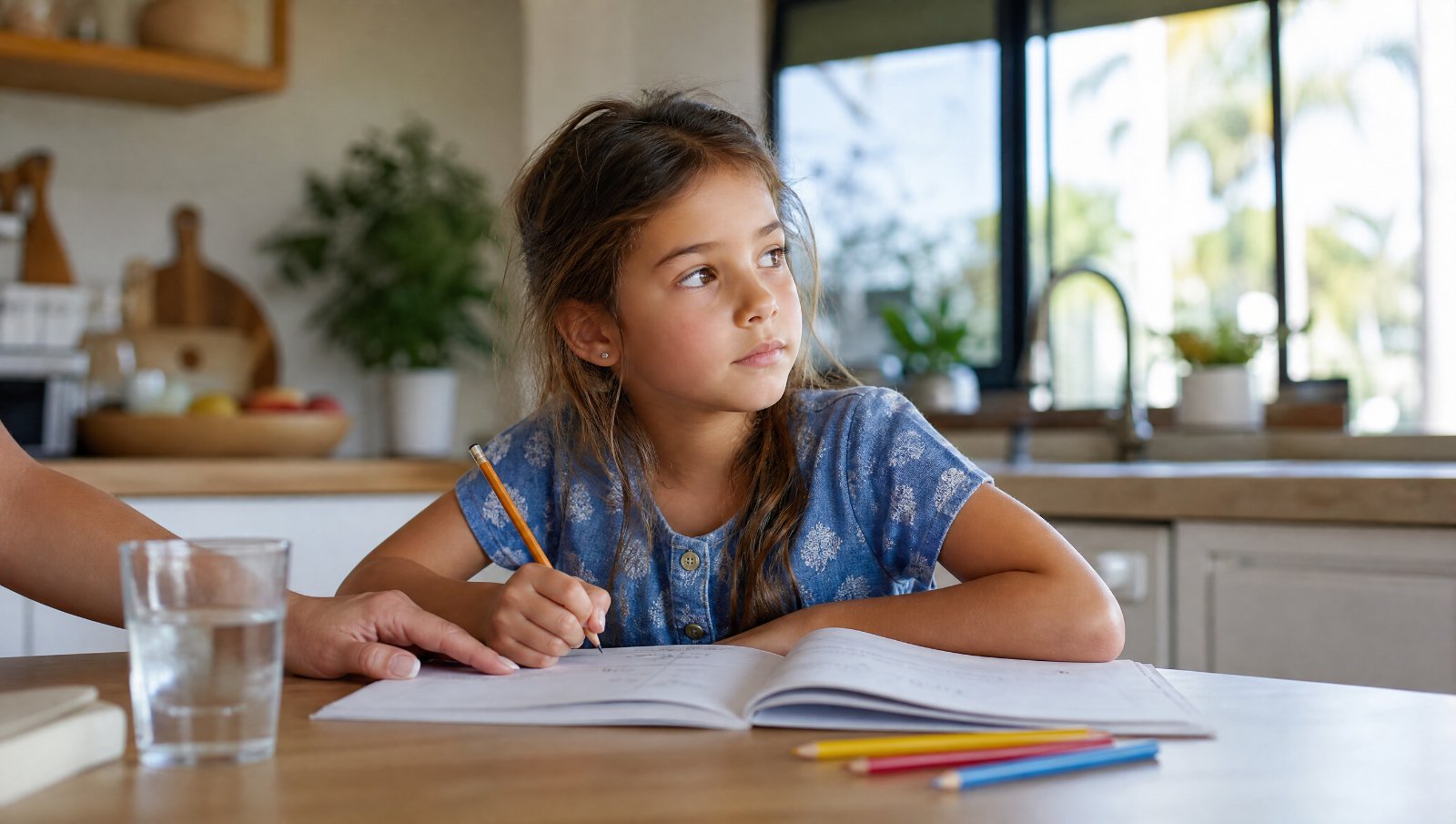 Young child doing homework at the kitchen table, looking away and distracted
