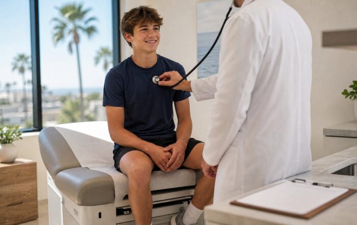 Pediatrician listening to a teen athlete’s heart with a stethoscope during a sports physical in Newport Beach