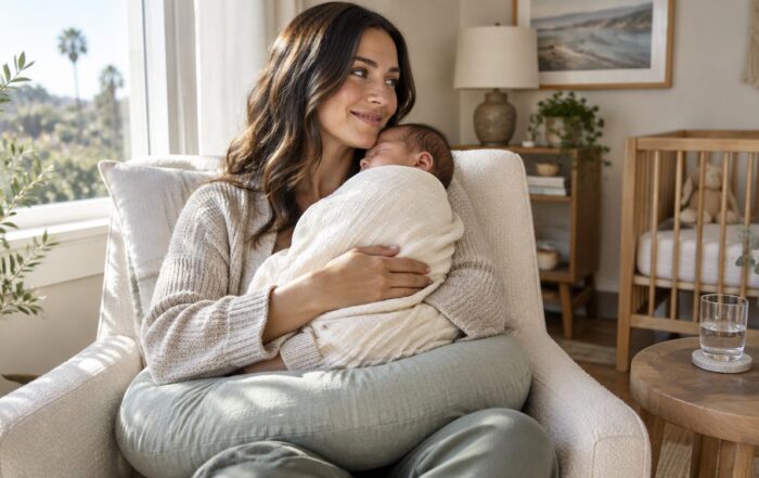 New mother holding her swaddled newborn on a nursing pillow at home in Newport Beach